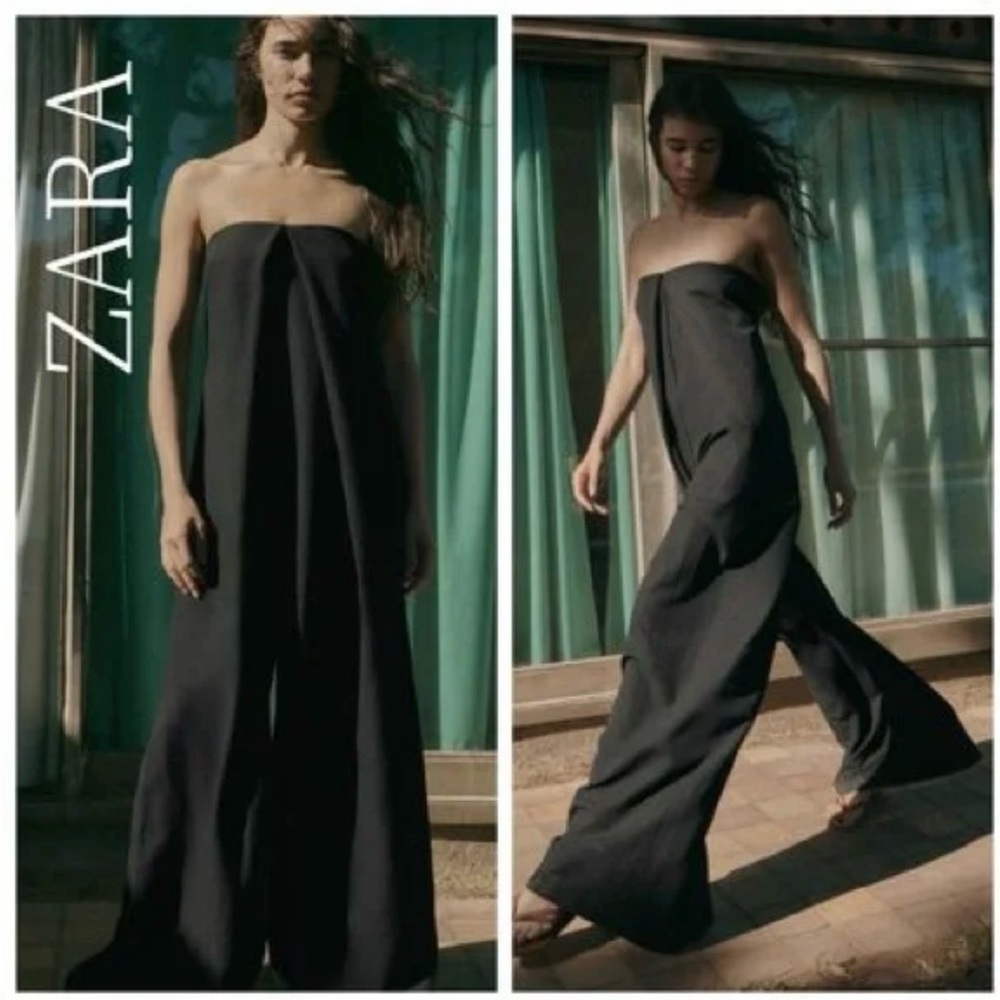 NWT ZARA BLACK STRAPLESS LINEN BLEND JUMPSUIT WIDE LEG
